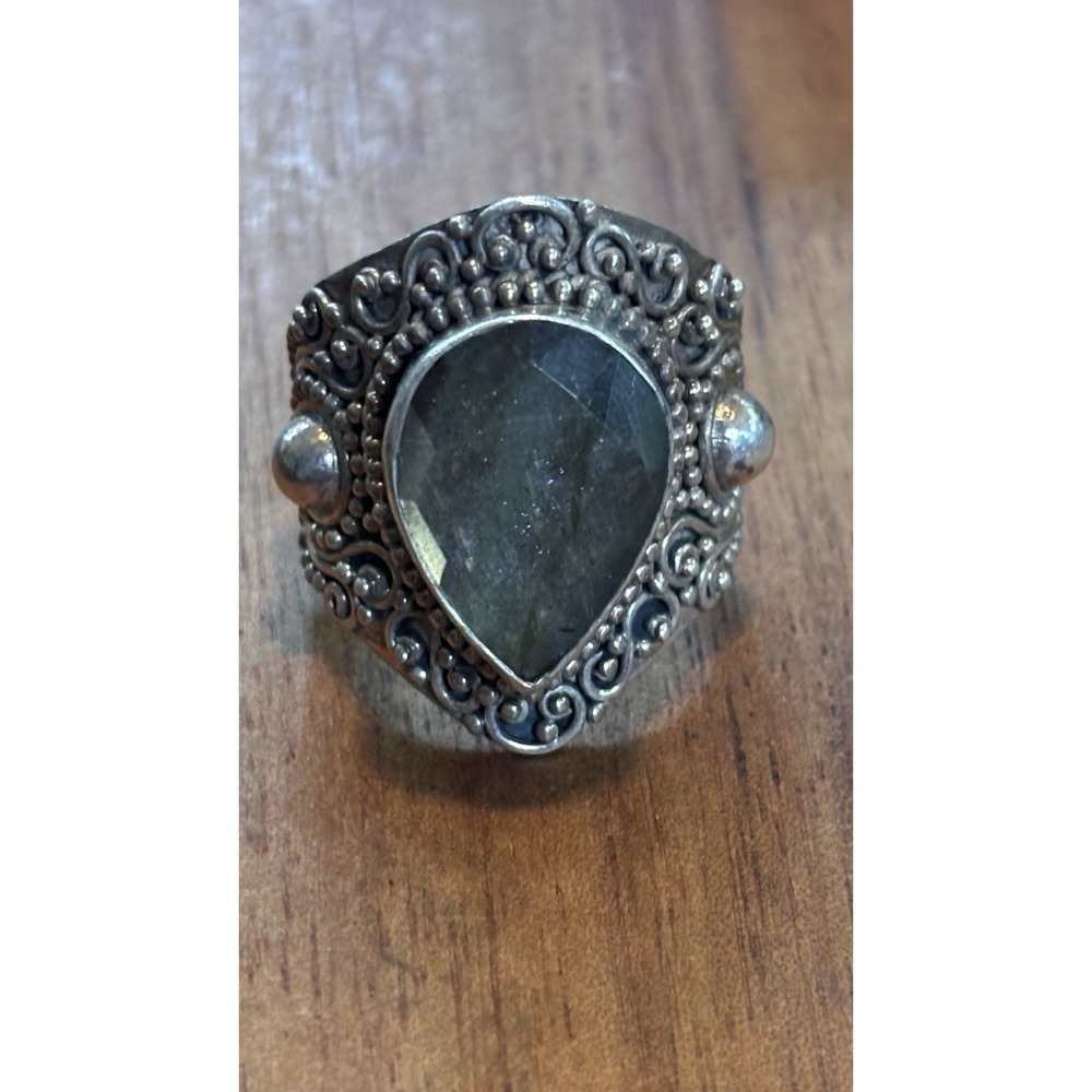 Labradorite and Sterling Silver Ring Ornate 10.7 Grams Size 10